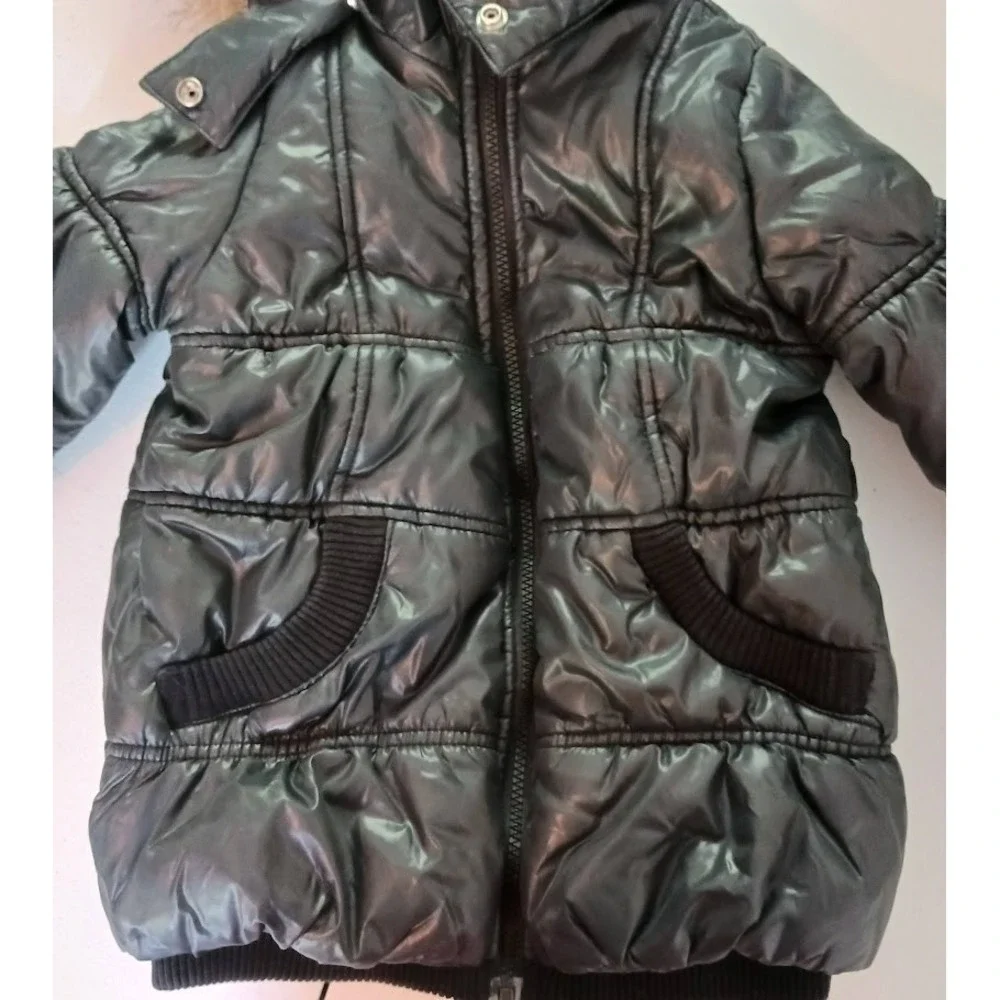 The Childrens Place Puffer Jacket, Black, Size S Zipper Faux Fur Trim, Snap Hood